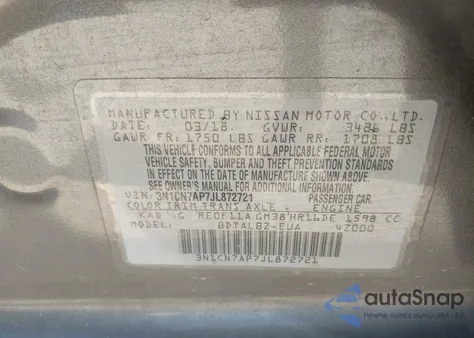 2018 Nissan Versa 1.6 Sv из США, поврежденный, VIN 3N1CN7AP7JL872721